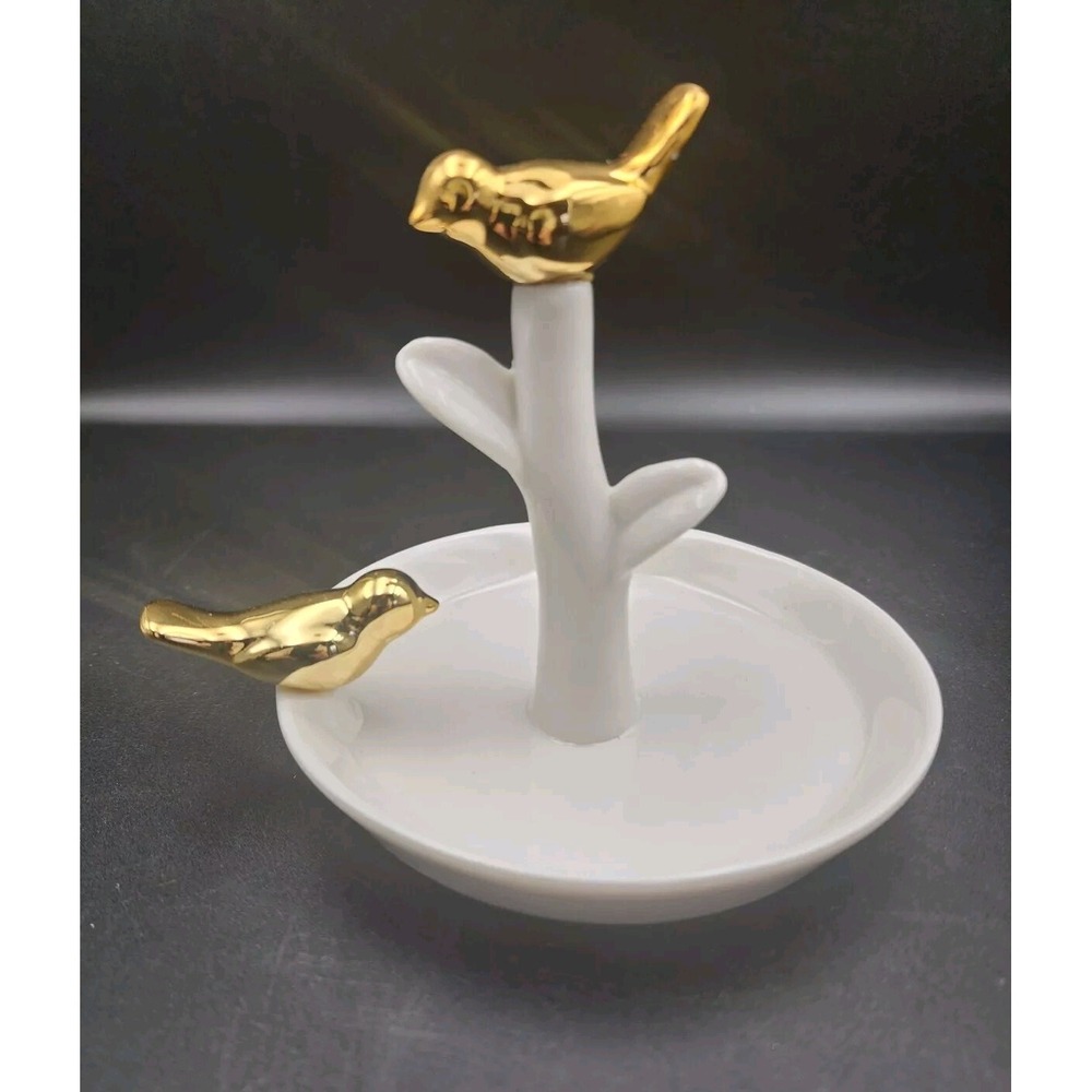 Porcelain Jewelry Ring Dish White Shiny Goldtone Birds Bird Dresser Bathroom